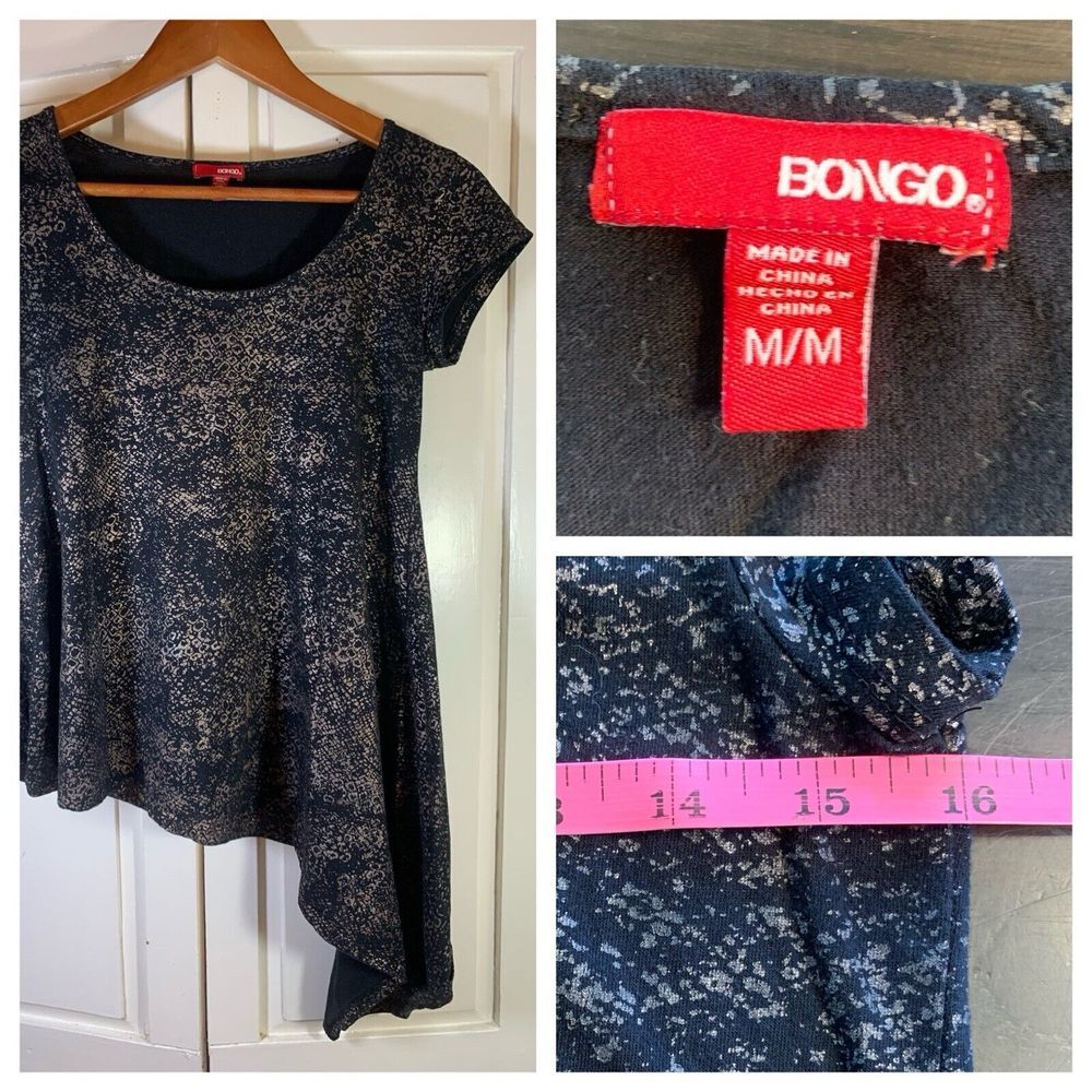 Bongo Top Shirt Womens Medium Cotton Asymmetrical Black Gold Snakeskin